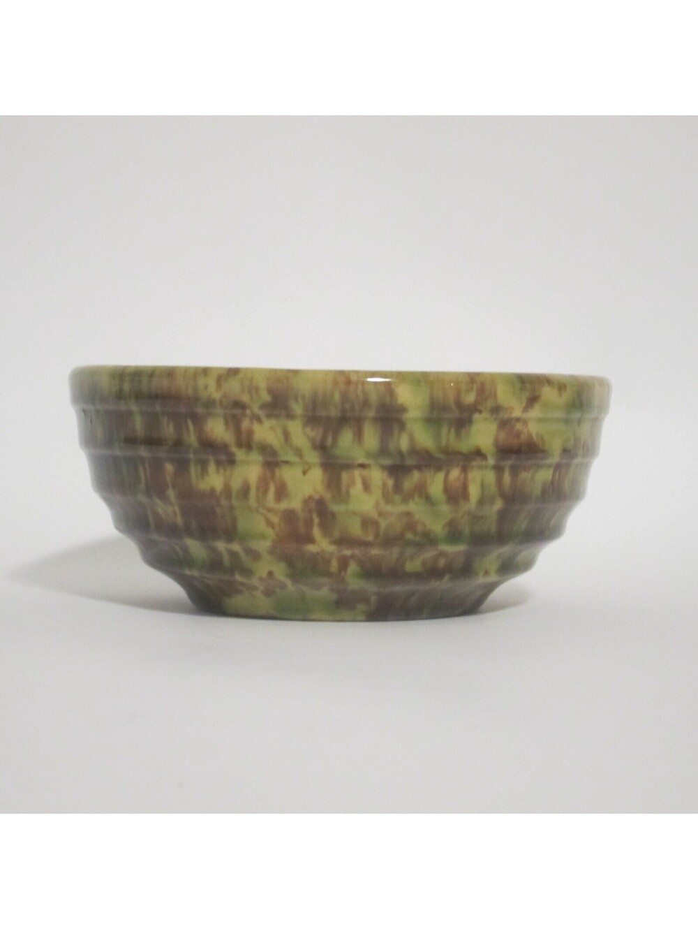 Antique Morton Pottery Woodland Splatterware Ribbed Nesting Bowl 7" Green Brown